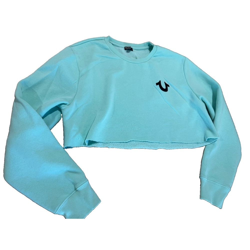 True Religion Mint Crop Sweatshirt – Horseshoe Logo, Raw Hem Cut, Size 2XL